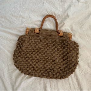 Vintage Retro Brown Crochet Wood Handle Handbag